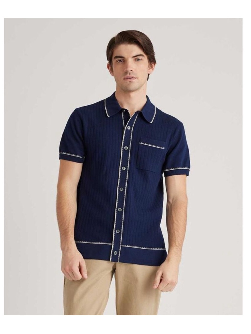 Quince Men’s Organic Cotton Silk Button Down Polo Sweater Navy Large